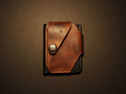 Brown leather wallet with a metallic button on a black background
